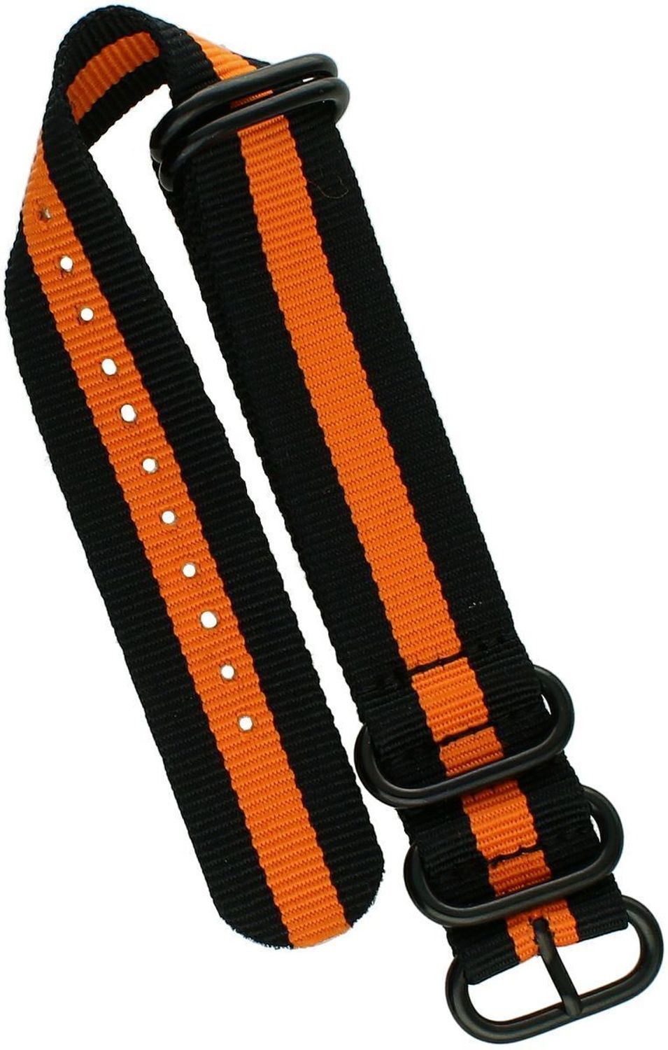 Stylowy pasek do zegarka NATO 035 w kolorach czarnym i pomarańczowym. Parciany materiał, długość 26,5 cm, szerokość 22 mm, stalowa sprzączka w czarnym kolorze. Idealny do codziennych 1.jpg